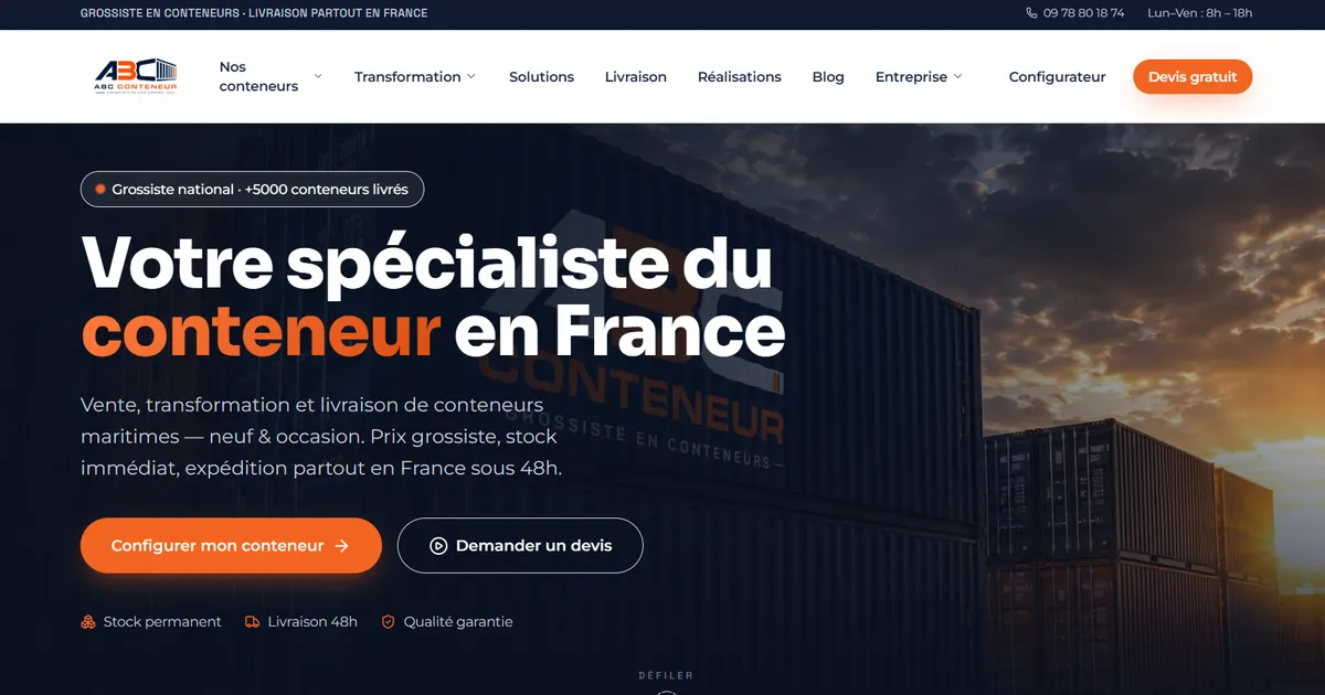 Page d’accueil du site ABC Conteneur, grossiste en conteneurs : « Votre spécialiste du conteneur en France ».