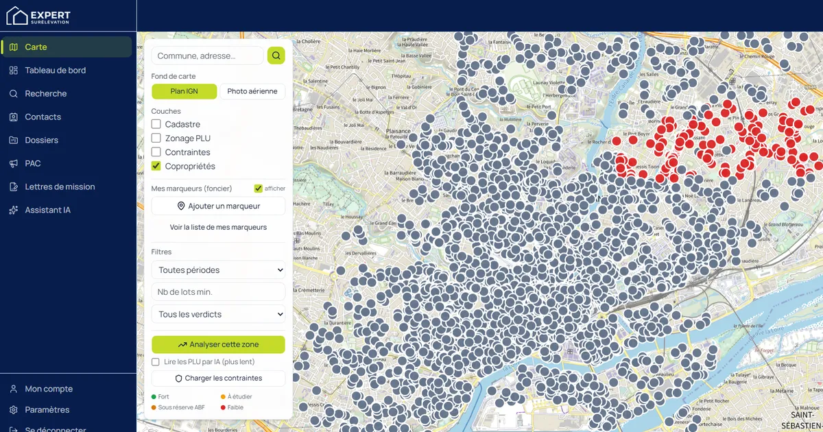 Outil de prospection Expert Surélévation : carte des copropriétés à potentiel de surélévation avec cadastre, zonage PLU, contraintes et verdicts.