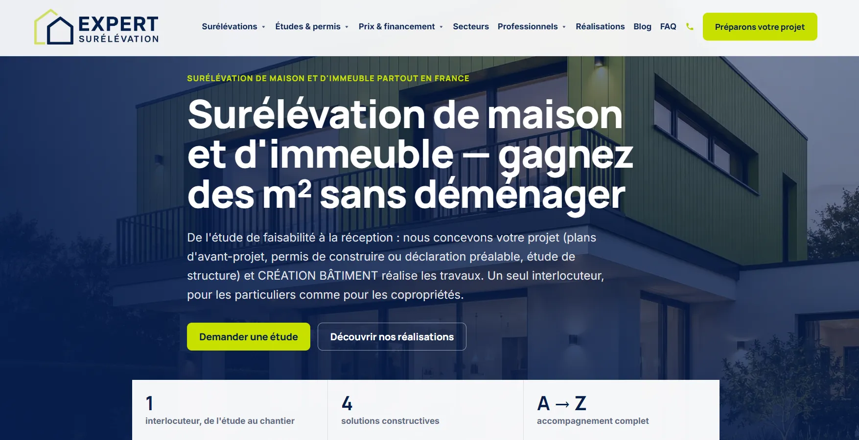 Page d’accueil du site Expert Surélévation conçu par EOC Consulting