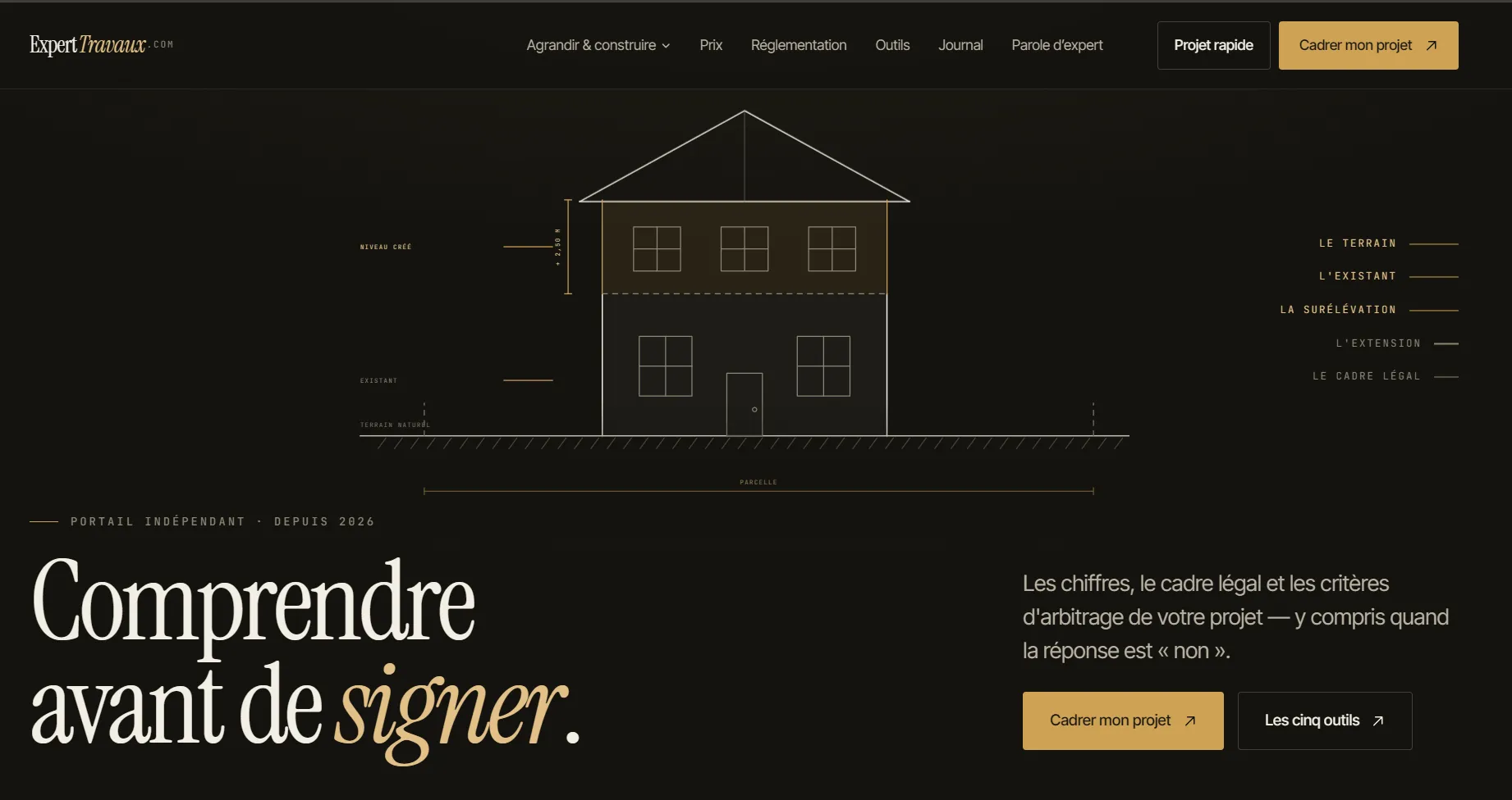 Page d’accueil du site ExpertTravaux conçu par EOC Consulting