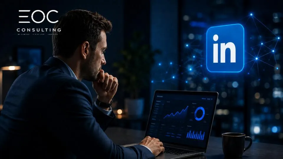 Un dirigeant en costume, pensif devant un ordinateur portable affichant des tableaux de bord, avec le logo LinkedIn lumineux — visibilité LinkedIn et référencement d'une entreprise.