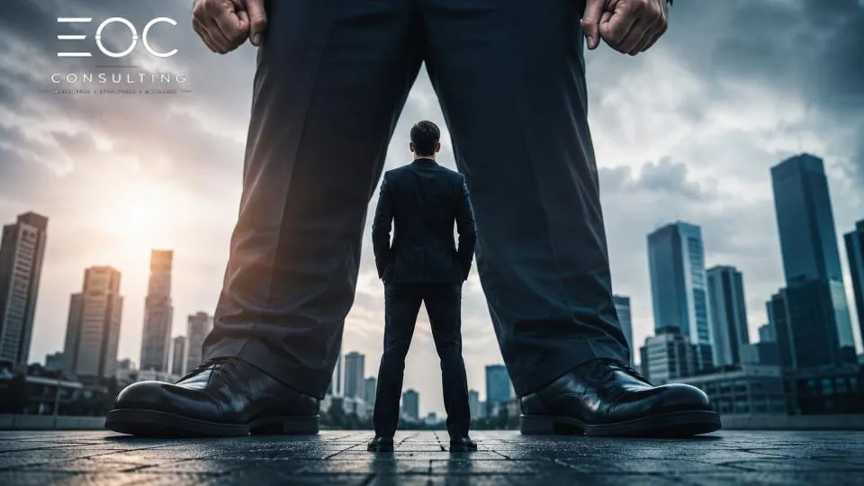 Un petit entrepreneur en costume, seul, face aux jambes d'un géant devant une skyline de tours — l'écart de visibilité entre les grosses et les petites entreprises du bâtiment.