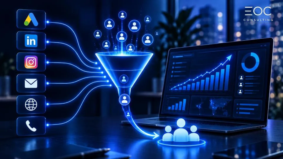 Visuel EOC Consulting : les canaux d'acquisition (Google Ads, LinkedIn, Instagram, e-mail, site web, téléphone) convergent vers un entonnoir lumineux qui alimente un tableau de bord et un groupe de clients — l'image d'un système d'acquisition prédictible.