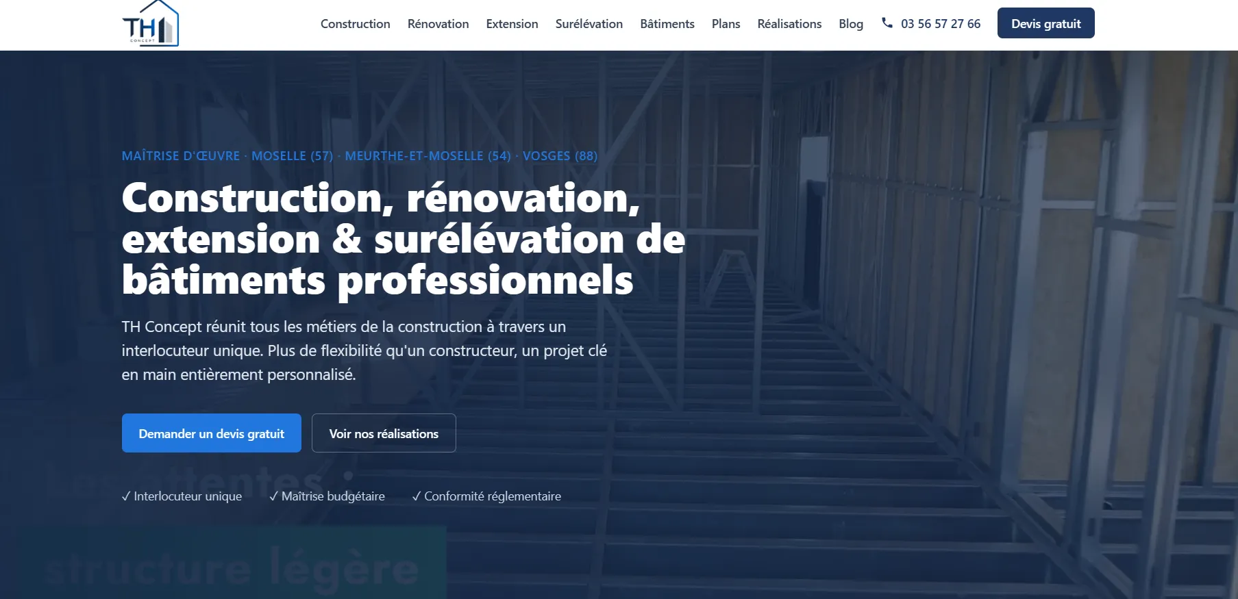 Nouveau site TH Concept : hero « Construction, rénovation, extension & surélévation de bâtiments professionnels », maîtrise d'œuvre en Moselle, Meurthe-et-Moselle et Vosges.