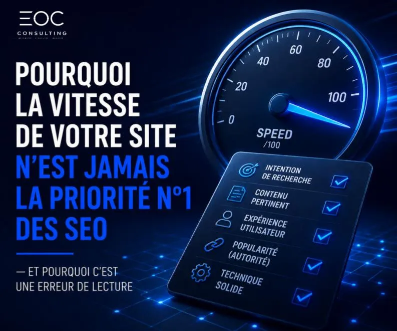 Un compteur de vitesse et une checklist des facteurs SEO (intention de recherche, contenu, expérience utilisateur, autorité, technique) — pourquoi la vitesse d'un site n'est jamais la priorité n°1 des SEO.